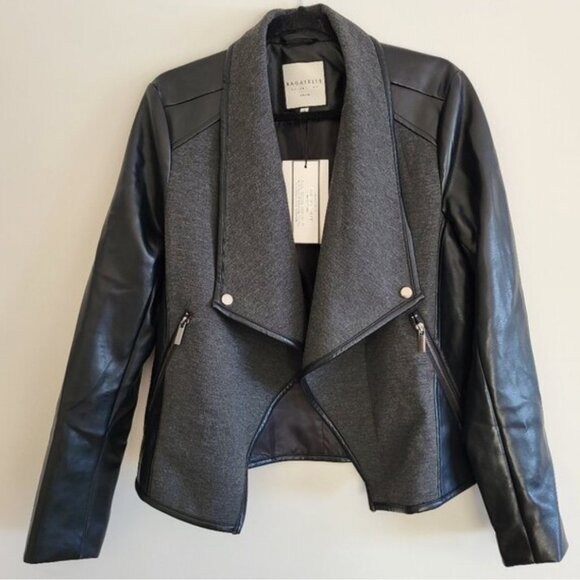 Bagatelle Collection Medium Drape FAUX Leather Jacket in Black and Dark Gray - Picture 3 of 11